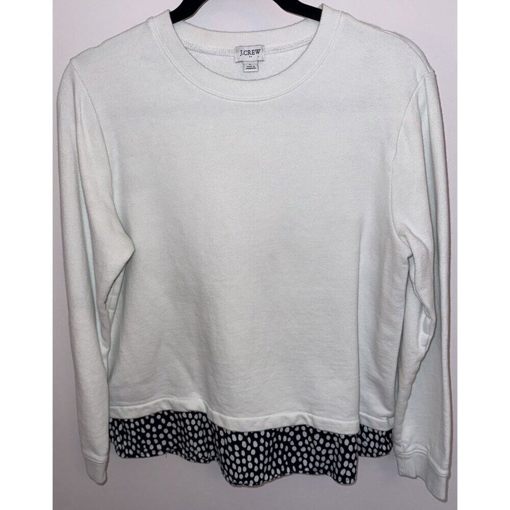 J. Crew Size Lg. 100% Cotton Sweatshirt Woven Hem in Ivory Oncilla Polka Dots - Picture 3 of 7